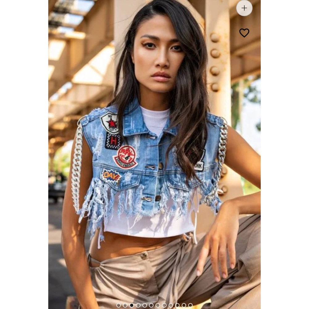 Ultra Crop Denim Vest Patches and Chains